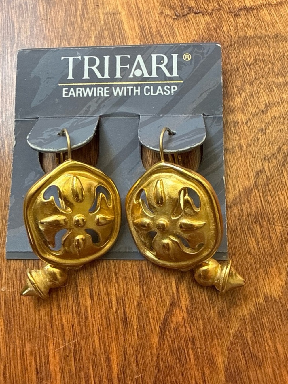 Trifari Shiny Gold Floral Medallion Drop Earrings - 1.75” drop